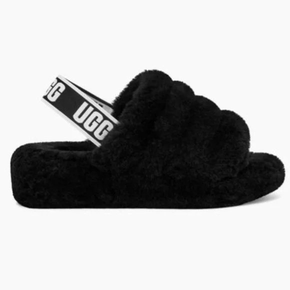 UGG Shoes - UGG Slides Black Fluff Yeah Slide Furry Sling-back Platform Size 7